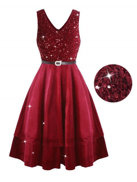 Robe Mi-Longue de Soirée Ceinturée Superposée sans Manches à Paillettes en Velours