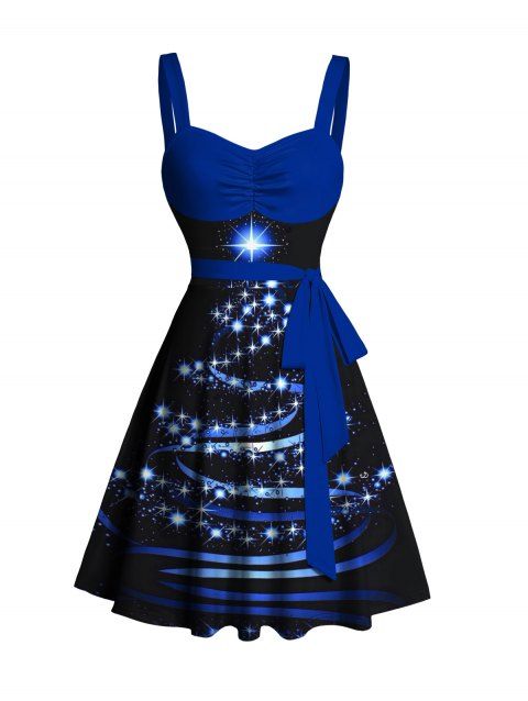 Mini Robe Etoile Brillante Ceinturée Flocon de Neige Imprimé à Col en Forme de Cœur