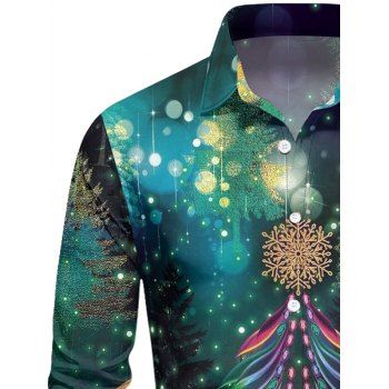 Christmas Tree Snowflake Print Long Sleeve Shirt Turndown Collar Button Up Shirt