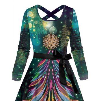 Christmas Tree Snowflake Allover Print Belted Dress Crisscross Long Sleeve A Line Dress