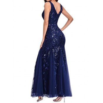 Sequined Mesh Panel Mermaid Party Dress Plunging Neck Maxi Prom Dress 