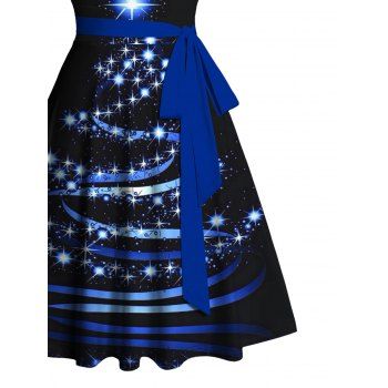 Christmas Belted Mini Dress Sparkling Star Snowflake Print Sweetheart Neckline Ruched Dress