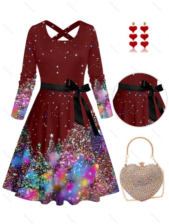 Christmas Sparkled Print Long Sleeve Belted Midi Dress And Rhinestone Heart-Shaped Handbag Long Earrings Outfit - Rouge foncé S | US 4