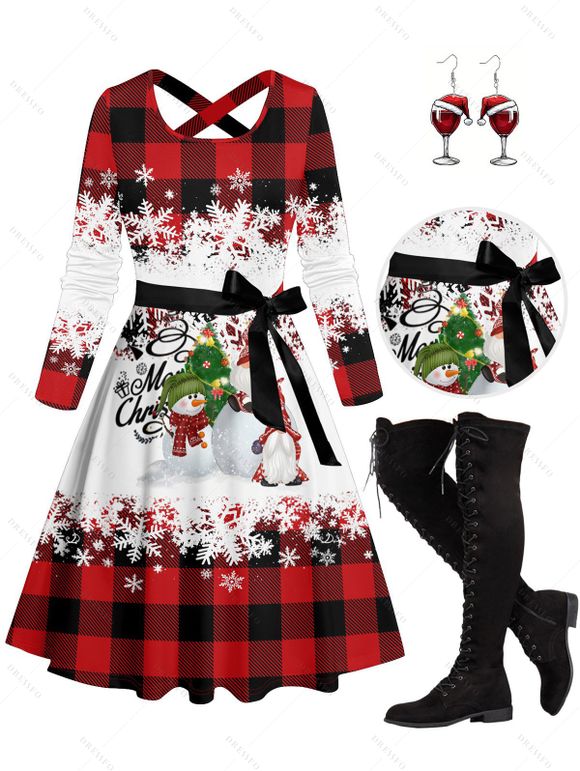 Christmas Plaid Snowman Snowflake Print Crisscross Belted Dress And Lace Up Over The Knee Boots Wine Glass Cap Shaped Drop Earrings Outfit - Rouge foncé S | US 4