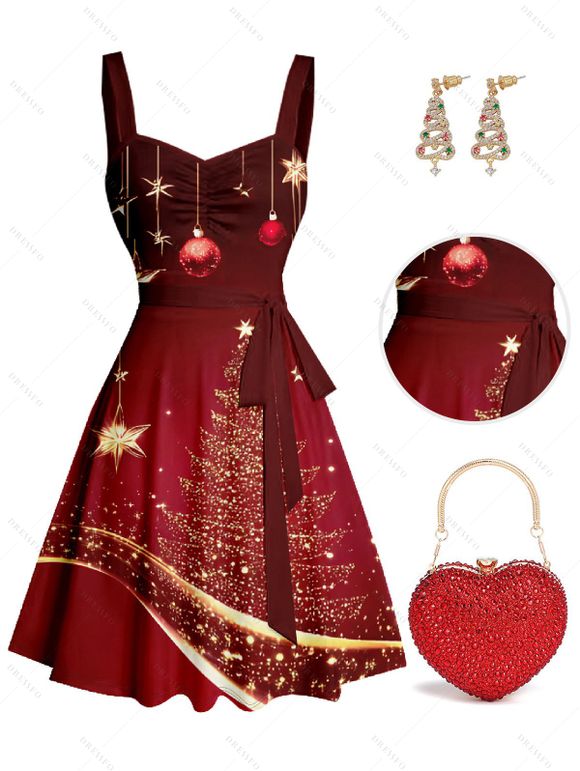 Christmas Tree Ball Star Print Belted Mini Dress And Heart-Shaped Rhinestone Handle Bag Drop Earrings Outfit - Rouge foncé S | US 4