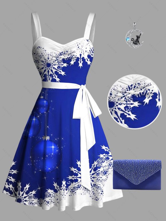 Christmas Snowflake Bell Contrast Print Ruched Bust Belt Mini Dress And Rhinestone Evening Bag Moon Cat Star Chain Necklace Outfit - Bleu profond S | US 4