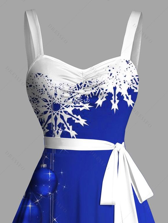 Christmas Snowflake Bell Contrast Print Ruched Bust Belt Mini Dress And Rhinestone Evening Bag Moon Cat Star Chain Necklace Outfit - Bleu profond S | US 4