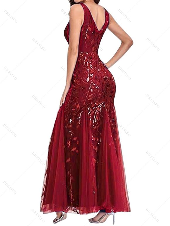 Maxi Robe de Soirée Sirène Panneau en Maille à Paillettes à Col Plongeant - Rouge foncé XL | US 10