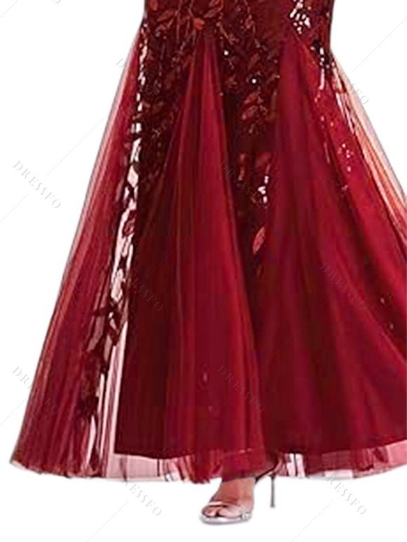 Maxi Robe de Soirée Sirène Panneau en Maille à Paillettes à Col Plongeant - Rouge foncé XL | US 10
