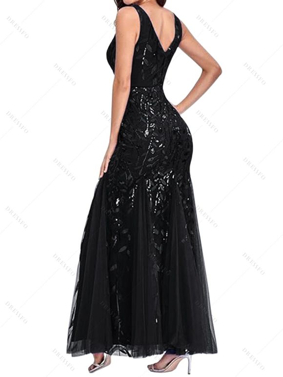 Maxi Robe de Soirée Sirène Panneau en Maille à Paillettes à Col Plongeant - Noir S | US 4