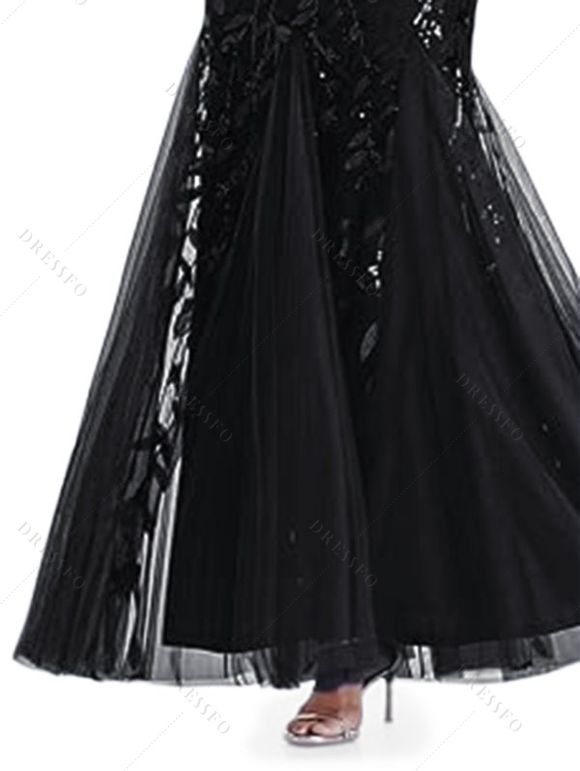 Maxi Robe de Soirée Sirène Panneau en Maille à Paillettes à Col Plongeant - Noir S | US 4