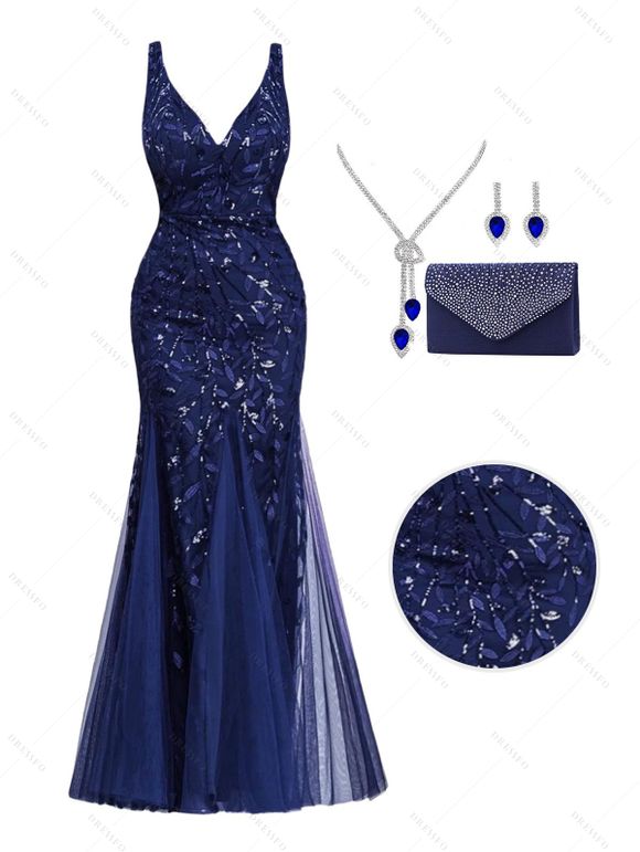 Sequined Plunging Neck Mesh Maxi Party Mermaid Dress And Tassel Earrings Teardrop Necklace Satin Rhinestone Evening Bag Outfit - Bleu profond S | US 4