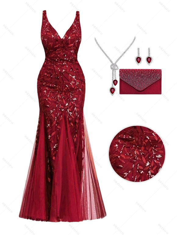 Sequined Plunging Neck Mesh Maxi Party Mermaid Dress And Tassel Earrings Teardrop Necklace Satin Rhinestone Evening Bag Outfit - Rouge foncé S | US 4