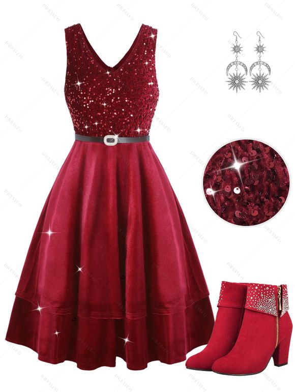 Sequines Belted Layered Velour Midi Party Dress And Rhinestones Ankle Boots Star Sun and Moon Shape Drop Earrings Outfit - Rouge foncé S | US 4