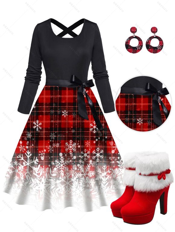 Christmas Snowflake Plaid Print Long Sleeve Belted Dress And Warmth Faux Fur High Heel Boots Round Earrings Outfit - Rouge S | US 4