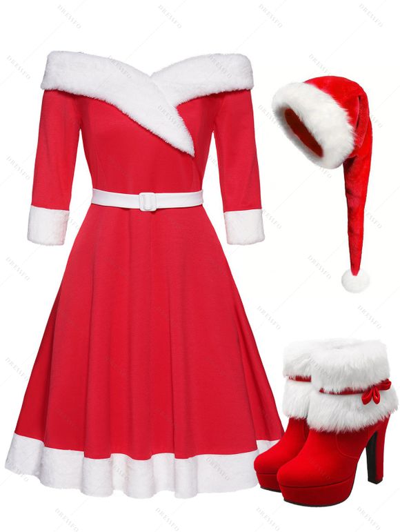 Christmas Off The Shoulder Faux Fur Panel Belted A Line Mini Dress And High Heel Warm Boots Fuffy Ball Cap Outfit - Rouge S | US 4