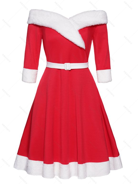 Christmas Off The Shoulder Faux Fur Panel Belted A Line Mini Dress And High Heel Warm Boots Fuffy Ball Cap Outfit - Rouge S | US 4
