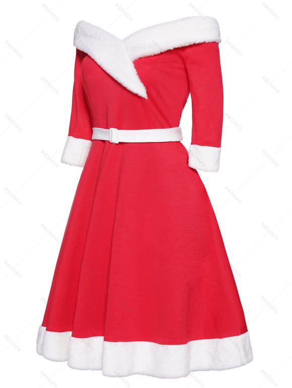 Christmas Off The Shoulder Faux Fur Panel Belted A Line Mini Dress And High Heel Warm Boots Fuffy Ball Cap Outfit - Rouge S | US 4