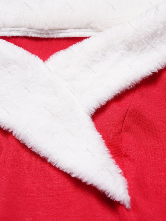Christmas Off The Shoulder Faux Fur Panel Belted A Line Mini Dress And High Heel Warm Boots Fuffy Ball Cap Outfit - Rouge S | US 4