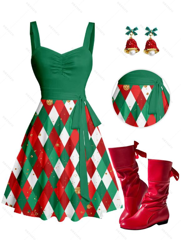 Christmas Argyle Print Colorblock Belted Mini Dress And Round Toe Back Tie Mid-Calf Boots Bell Faux Pearl Drop Earrings Outfit - Vert profond S | US 4