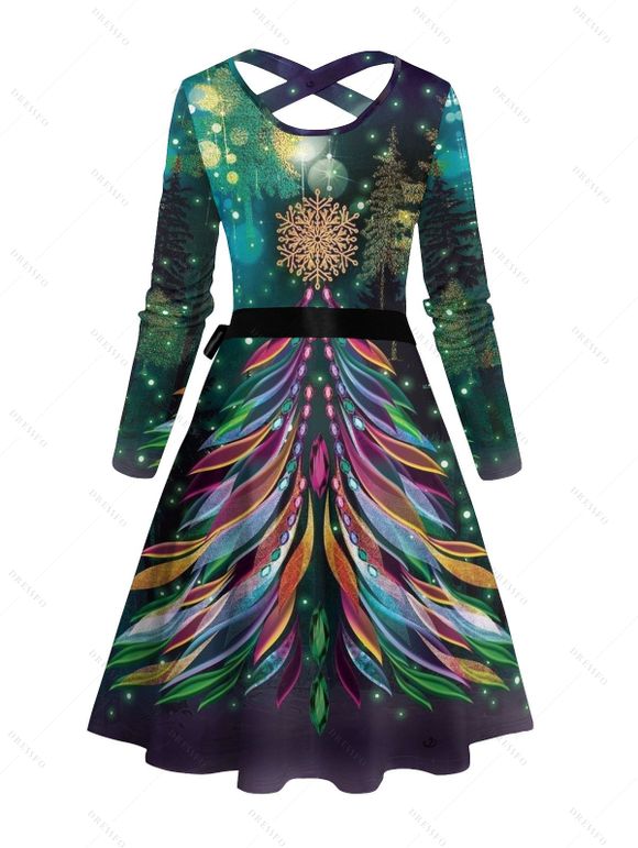 Robe Ligne A Ceinturée Croisé Flocon de Neige et Sapin de Noël Imprimés à Manches Longues - Vert profond XXL | US 14