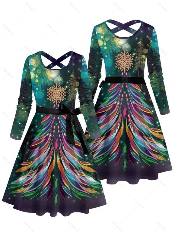 Robe Ligne A Ceinturée Croisé Flocon de Neige et Sapin de Noël Imprimés à Manches Longues - Vert profond XXL | US 14