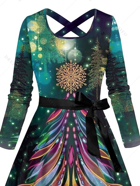 Robe Ligne A Ceinturée Croisé Flocon de Neige et Sapin de Noël Imprimés à Manches Longues - Vert profond XXL | US 14