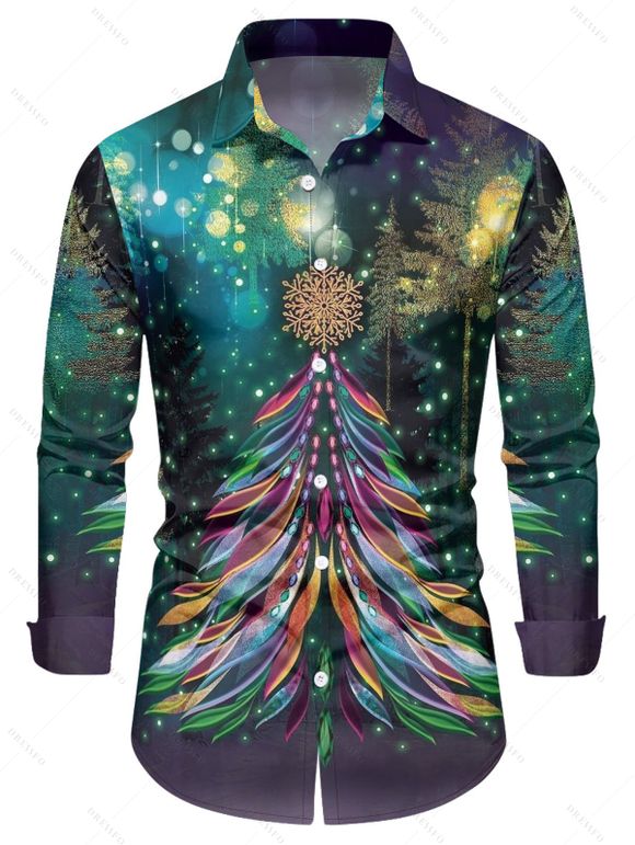 Chemise Col Rabattu Boutonnée Imprimé Flocons de Neige et Sapin de Noël - Vert profond 5XL