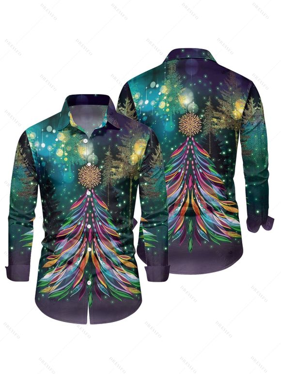 Chemise Col Rabattu Boutonnée Imprimé Flocons de Neige et Sapin de Noël - Vert profond L