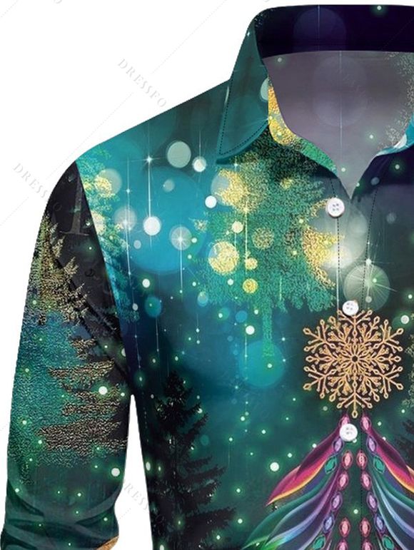 Chemise Col Rabattu Boutonnée Imprimé Flocons de Neige et Sapin de Noël - Vert profond L