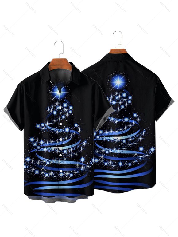 Chemise de Noël Boutonnée Flocon de Neige Imprimé Manches Courtes à Col Relevé - Bleu profond M