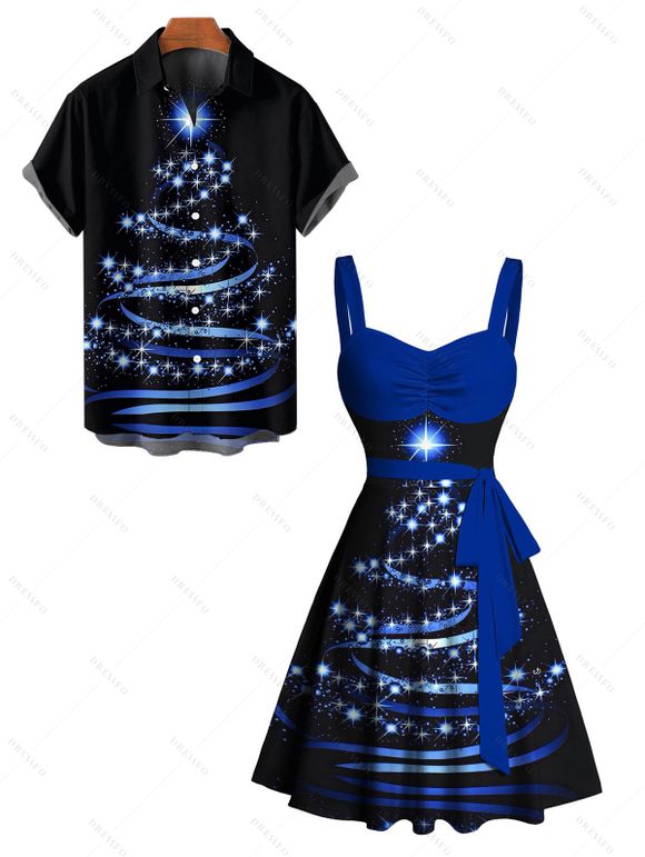 Christmas Snowflake Print Belted Mini Dress And Short Sleeve Button Up Dress Matching Outfit - Bleu profond S | US 4