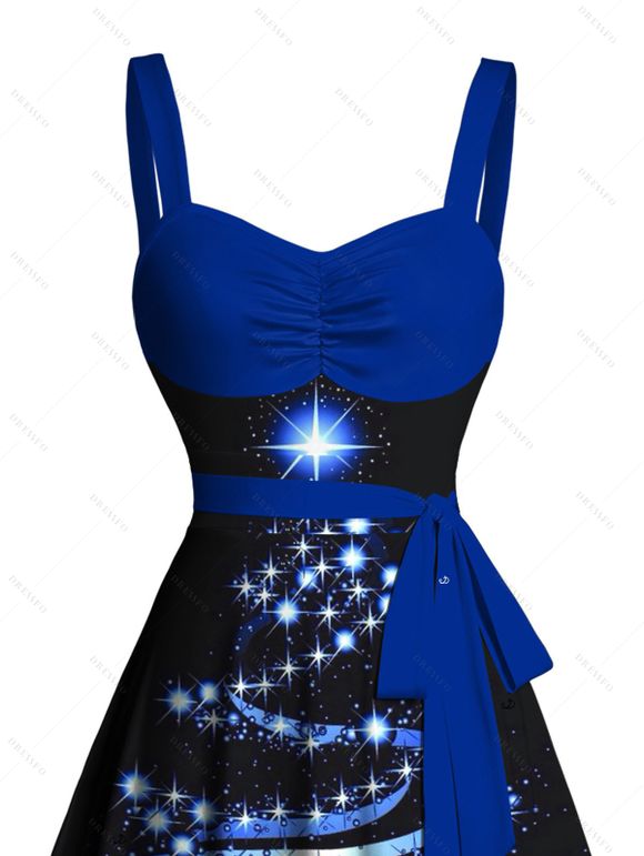 Christmas Snowflake Print Belted Mini Dress And Short Sleeve Button Up Dress Matching Outfit - Bleu profond S | US 4