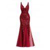 Sequined Mesh Panel Mermaid Party Dress Plunging Neck Maxi Prom Dress