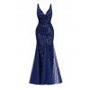 Maxi Robe de Soirée Sirène Panneau en Maille à Paillettes à Col Plongeant - Bleu profond M | US 6