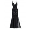 Maxi Robe de Soirée Sirène Panneau en Maille à Paillettes à Col Plongeant - Noir XXL | US 12