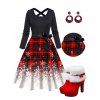 Christmas Snowflake Plaid Print Long Sleeve Belted Dress And Warmth Faux Fur High Heel Boots Round Earrings Outfit - Rouge S | US 4