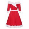 Christmas Off The Shoulder Faux Fur Panel Belted A Line Mini Dress And High Heel Warm Boots Fuffy Ball Cap Outfit - Rouge S | US 4