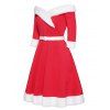 Christmas Off The Shoulder Faux Fur Panel Belted A Line Mini Dress And High Heel Warm Boots Fuffy Ball Cap Outfit - Rouge S | US 4