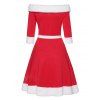 Christmas Off The Shoulder Faux Fur Panel Belted A Line Mini Dress And High Heel Warm Boots Fuffy Ball Cap Outfit - Rouge S | US 4