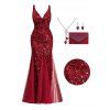 Sequined Plunging Neck Mesh Maxi Party Mermaid Dress And Tassel Earrings Teardrop Necklace Satin Rhinestone Evening Bag Outfit - Rouge foncé S | US 4