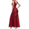 Sequined Plunging Neck Mesh Maxi Party Mermaid Dress And Tassel Earrings Teardrop Necklace Satin Rhinestone Evening Bag Outfit - Rouge foncé S | US 4