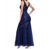 Sequined Plunging Neck Mesh Maxi Party Mermaid Dress And Tassel Earrings Teardrop Necklace Satin Rhinestone Evening Bag Outfit - Bleu profond S | US 4