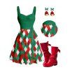 Christmas Argyle Print Colorblock Belted Mini Dress And Round Toe Back Tie Mid-Calf Boots Bell Faux Pearl Drop Earrings Outfit - Vert profond S | US 4