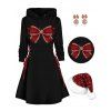 Christmas Bowknot Print Drawstring Mini Hooded Dress And Disco Ball Rhinestone Earrings Sequin Fluffy Hat Outfit - Rouge foncé S | US 4