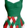 Christmas Argyle Print Colorblock Belted Mini Dress And Round Toe Back Tie Mid-Calf Boots Bell Faux Pearl Drop Earrings Outfit - Vert profond S | US 4