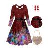 Christmas Sparkled Print Long Sleeve Belted Midi Dress And Rhinestone Heart-Shaped Handbag Long Earrings Outfit - Rouge foncé S | US 4