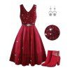 Sequines Belted Layered Velour Midi Party Dress And Rhinestones Ankle Boots Star Sun and Moon Shape Drop Earrings Outfit - Rouge foncé S | US 4