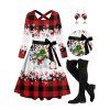 Christmas Plaid Snowman Snowflake Print Crisscross Belted Dress And Lace Up Over The Knee Boots Wine Glass Cap Shaped Drop Earrings Outfit - Rouge foncé S | US 4