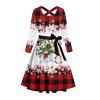 Christmas Plaid Snowman Snowflake Print Crisscross Belted Dress And Lace Up Over The Knee Boots Wine Glass Cap Shaped Drop Earrings Outfit - Rouge foncé S | US 4